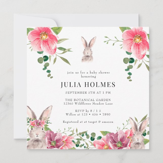 Kanin Blommigt | Greenery Baby Shower Inbjudningar (Framsida)