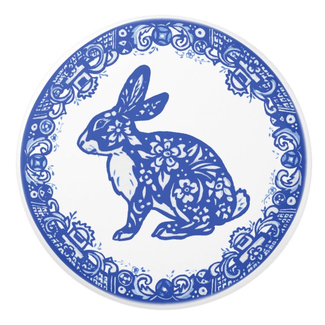 Kanin Blue Willow Design Cute Bunny Ansikte Lämnat Knopp (Framsidan)