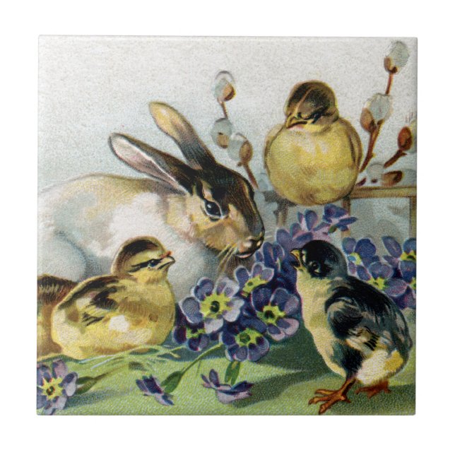 Kanin-, chick- och Primrosesvintagepåsk Kakelplatta (Framsidan)