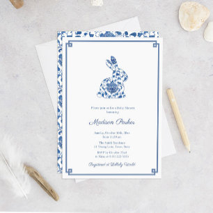 Kanin Chinoiserie Chic Blue and White Baby Shower Inbjudningar