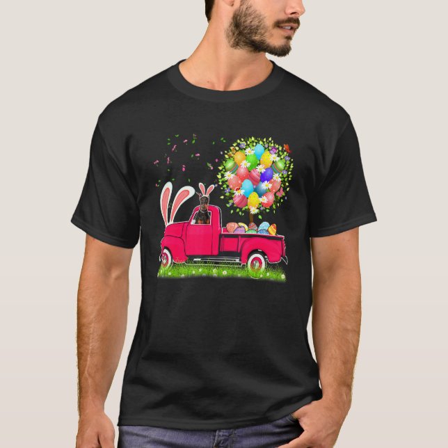 Kanin Doberman Glad Påsk Ägg Träd T Shirt (Framsida)