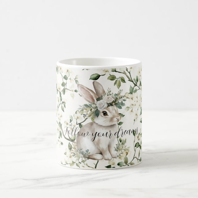 Kanin Drömmar Vita Blommor Löv Kaffemugg (Center)