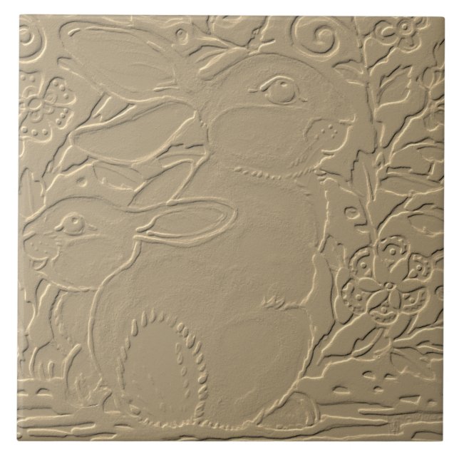 Kanin Embossed Design Tan Blommigt Bunny Påsk Art Kakelplatta (Framsidan)