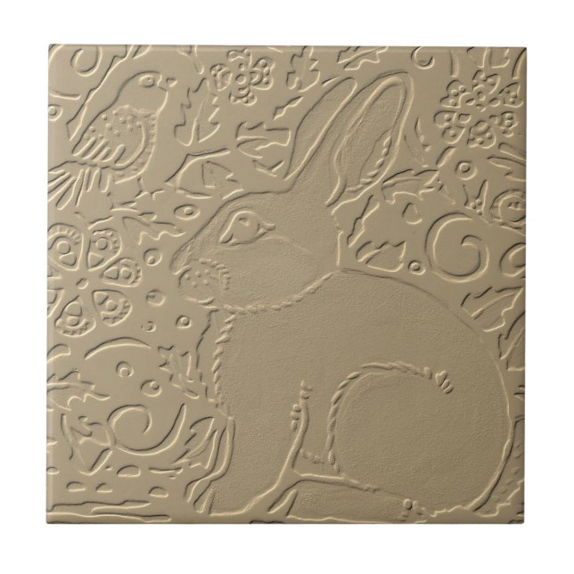 Kanin Embossed Design Tan Blommigt Bunny Påsk Art Kakelplatta (Framsidan)