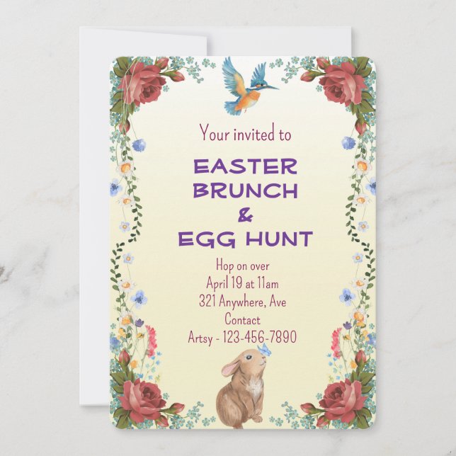 Kanin, Fjäril, Fågel & Röda Rosor Inbjudningar (Framsida)