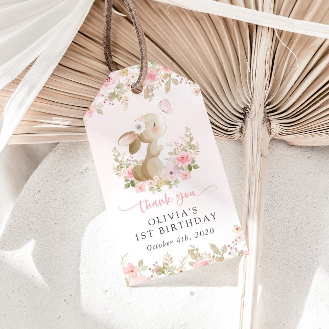 Kanin, Fjäril, Rosa Blommor, Första Födelsedagen Presentetikett (Skapare uppladdad)
