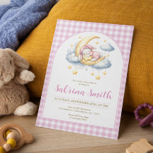 Kanin Flicka Måne Stjärna Rosa Rutig Baby Shower 