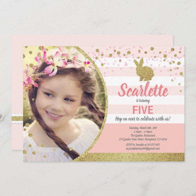 Kanin födelsedagsfoto inbjudan rosa guld (Fram/baksida)