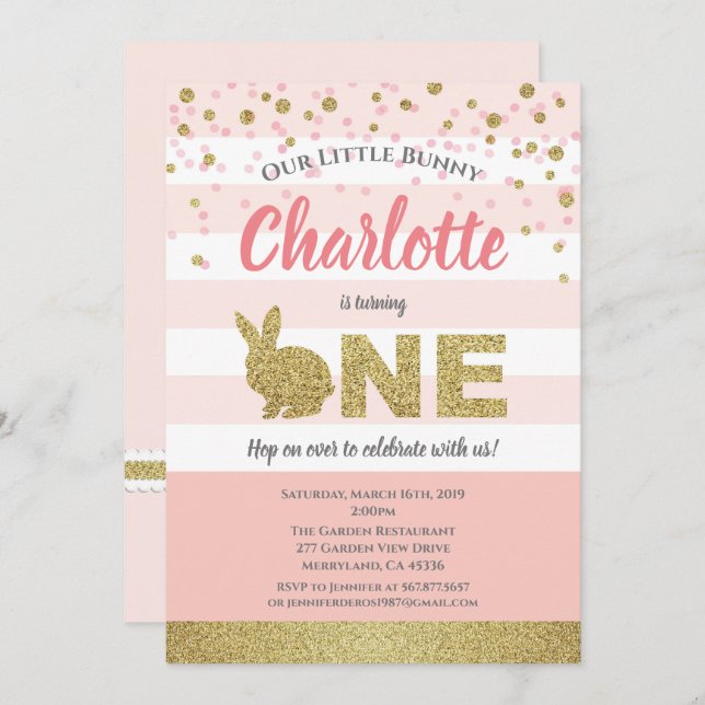 Kanin födelsedagsinbjudan rosa och guld för flicka inbjudningar (Fram/baksida)
