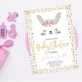 Kanin Grå Guld Konfetti Baby Shower Inbjudan
