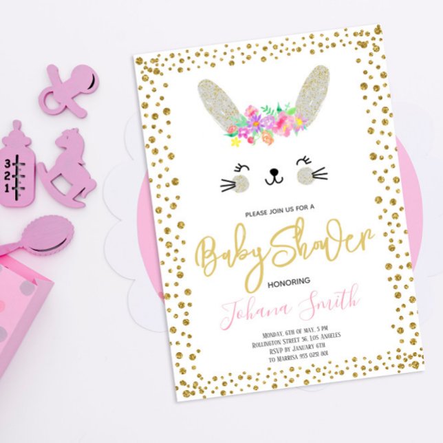 Kanin Grå Guld Konfetti Baby Shower Inbjudan (Skapare uppladdad)