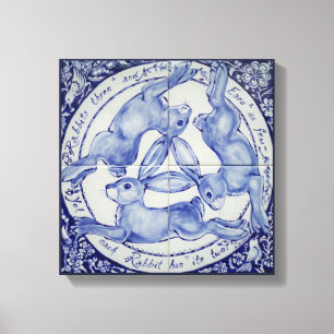 Kanin Hare Bird Tile Medallion Art Blue & White Canvastryck