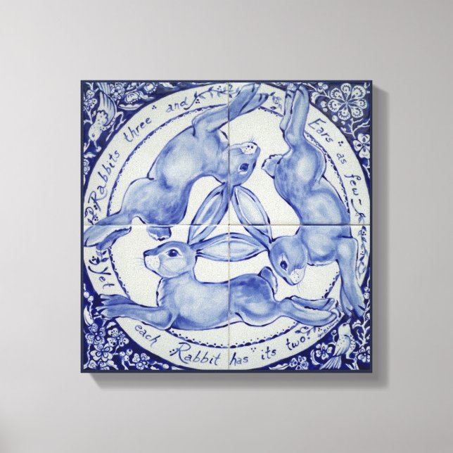Kanin Hare Bird Tile Medallion Art Blue & White Canvastryck (Framsida)
