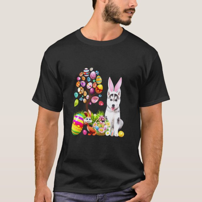 Kanin Husky Hund Glad Påsk Ägg Träd T Shirt (Framsida)