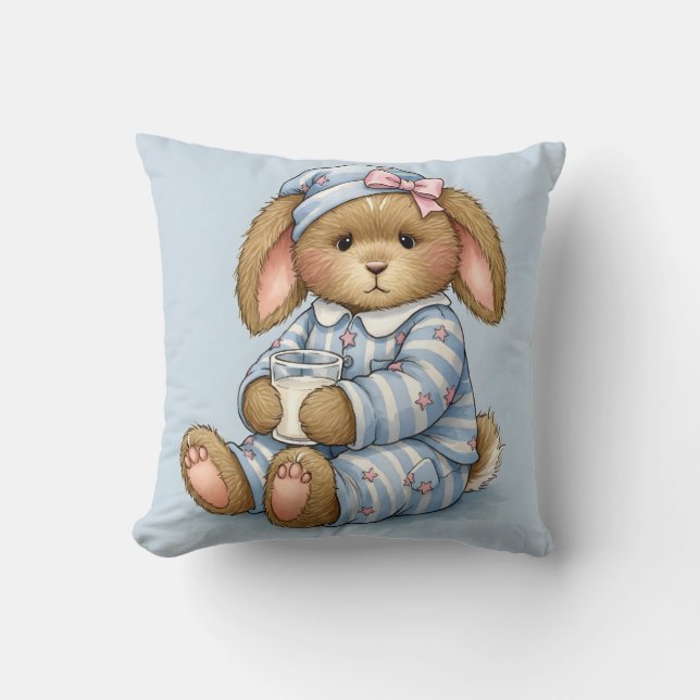 Kanin i Blå Pajama med ett glas Mjölk Kudde (Framsida)