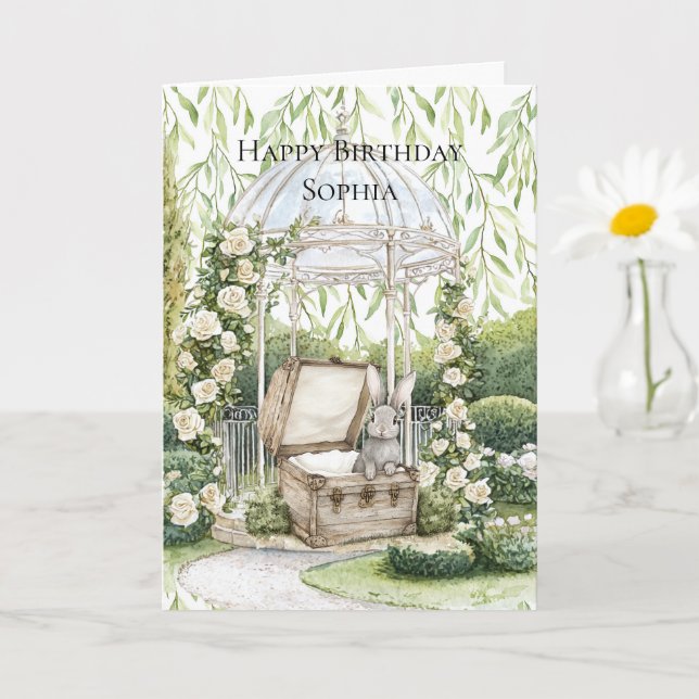 Kanin i bröst gröna blad blomster födelsedag kort (Liten växt)