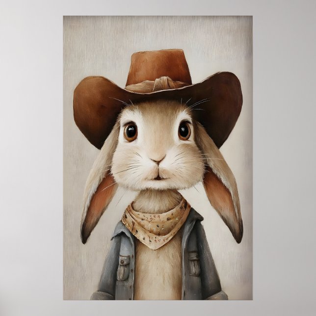 Kanin i cowboyhatt tryck, kanin väggkonst, bondgår poster (Framsidan)