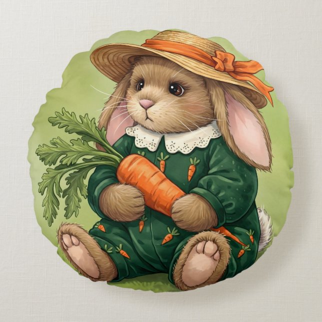 Kanin i en Grönt Jumpdräkt med morot Rund Kudde (Framsidan)