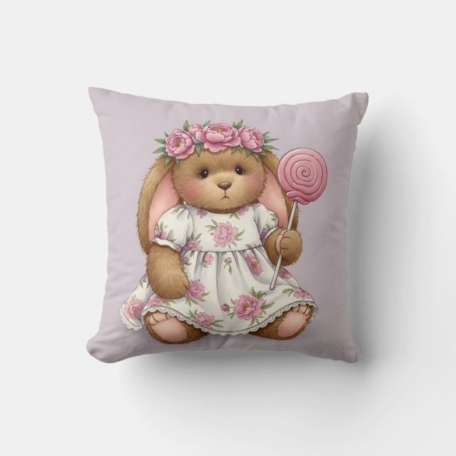 Kanin i en vit klänning med Rosa Lollipop Kudde (Framsida)