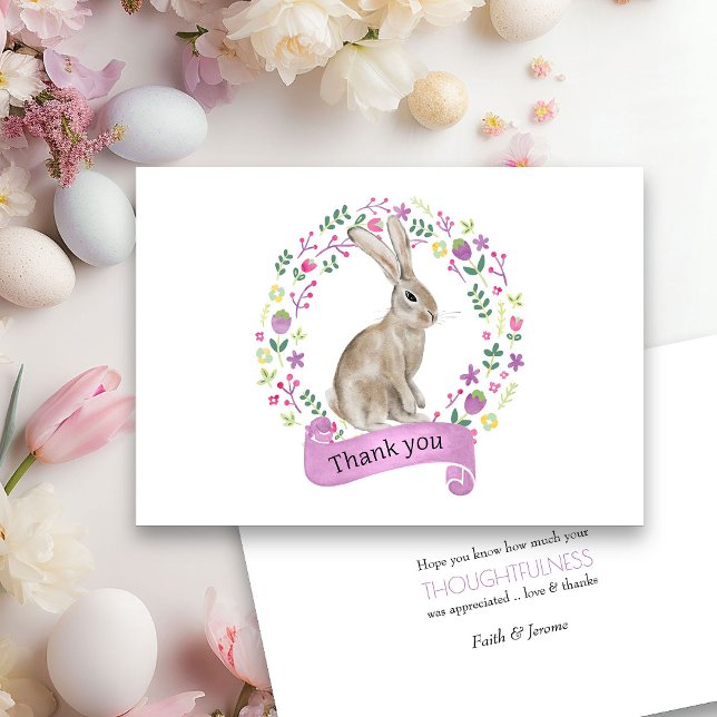 Kanin i krans av klotterblommor tack kort (Spring or Easter Thank you card from my Little Bunny & Little Lamb Baby Shower collection)