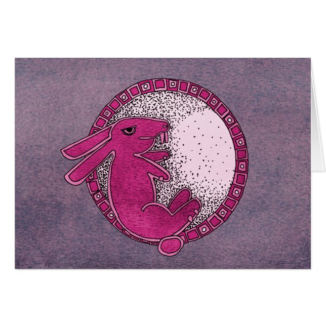 Kanin i månen (rosa/lilor) hälsningskort (Framsidan Horizontal)