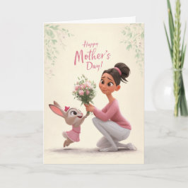 Kanin i rosa ger mammadagsblommor till mamma kort