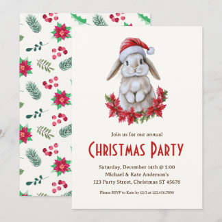 Kanin i Santa Hat Poinsettias jul Party Inbjudningar