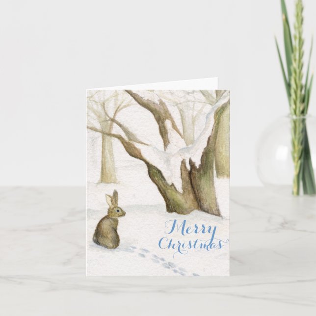 Kanin i snö skogen, julkort för vattenfärg helgkort (Framsida)