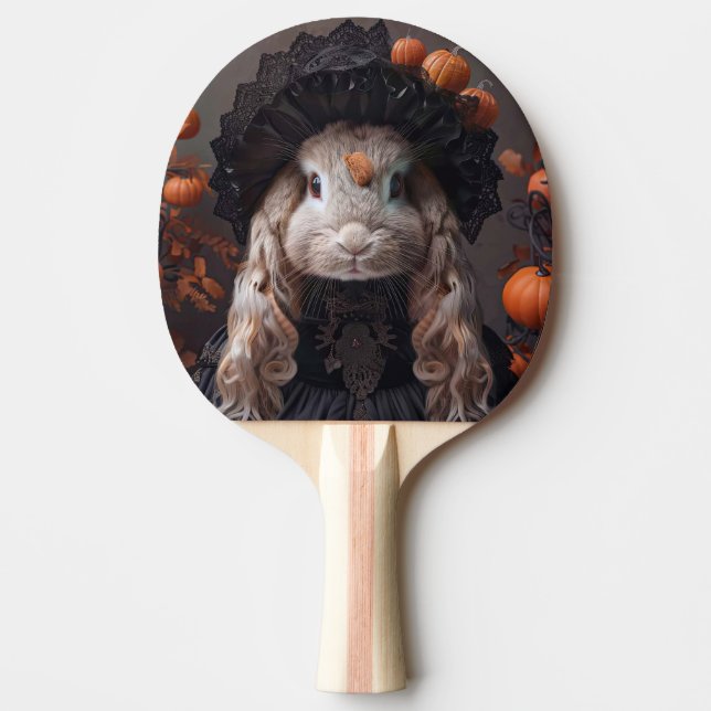 Kanin i svart medeltida huvuddräkt pingisracket (Framsidan)