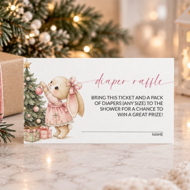 Kanin Jul Blöja Lotteri Bifogad Kort (Bunny Christmas Diaper Raffle enclosure card styled with pine and gifts)