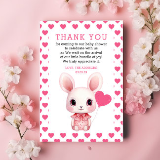 Kanin med Balloon Rosa Hearts Girl Baby Shower Tack Kort