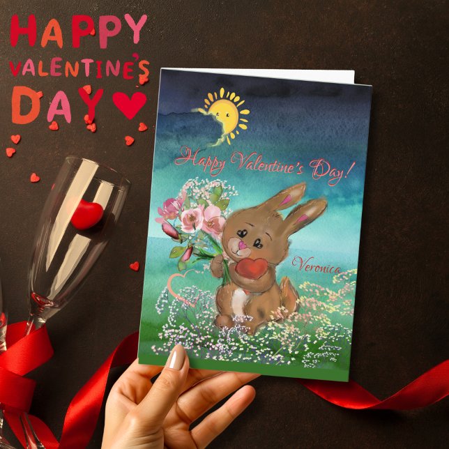 Kanin med blommor Alla hjärtans dag-kort Helgkort (Bunny with heart and flower for Valentine's Day Card , for kids, sister, mother, lover, girlfriend)