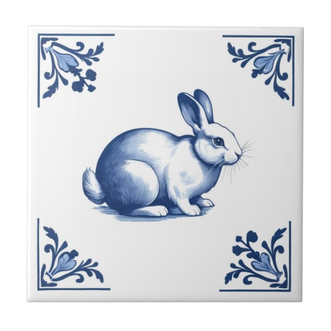 Kanin med Delft Blue- och White-Blommigtar Kakelplatta (Framsidan)