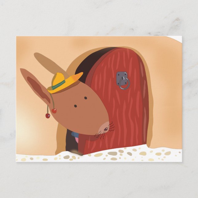 Kanin med den körsbärsröda vykortet, ljus beige vykort (Framsida)