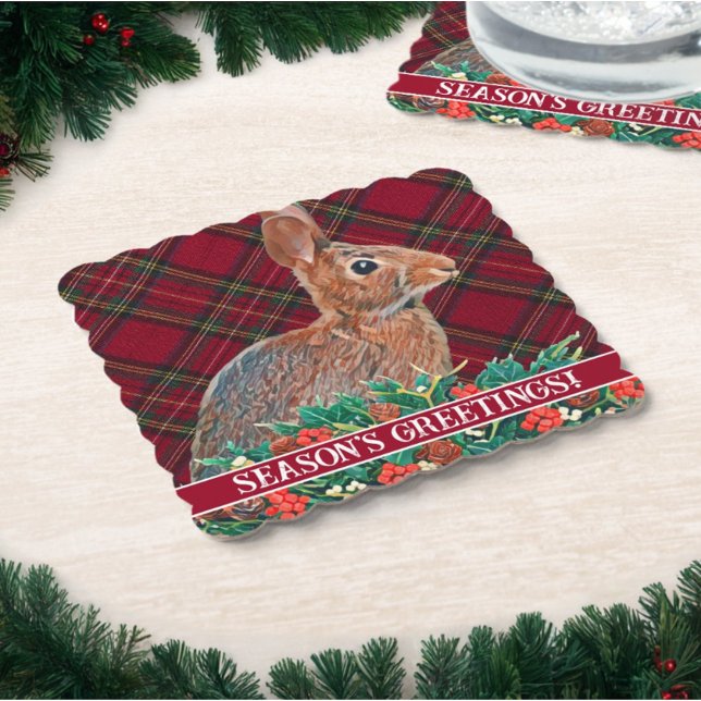 Kanin med Holly Berries och Play Underlägg Papper (This classic Christmas coaster design spreads Season's Greetings in red and green alongside a rabbit)