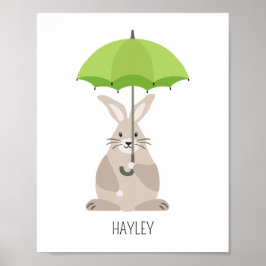Kanin med paraply anpassat namn barnkammare väggko poster