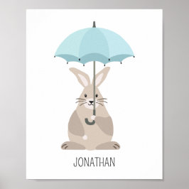 Kanin med paraply anpassat namn barnkammare väggko poster