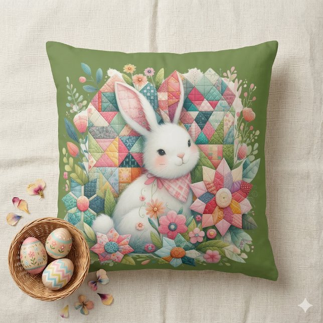 Kanin med täcke och blommor kudde (Bunny with Quilt and Flowers Throw Pillow Mockup A)