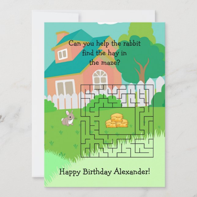 Kanin och Hay Birthday Maze Cards för barn (Framsida)