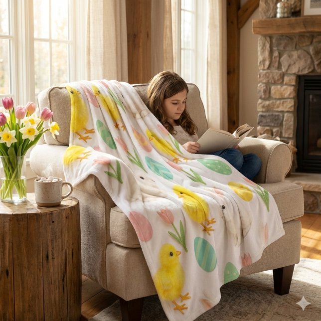 Kanin- och kycklingmönster fleecefilt (Cozy moments are enhanced by reading a book by the fire and using a warm, springtime fleece blanket)