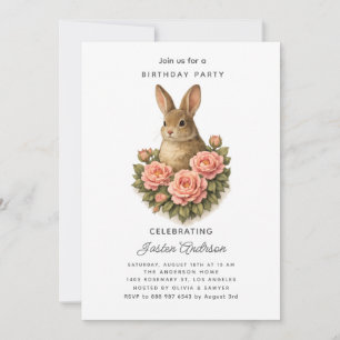 Kanin och rosa blommor Födelsedagsfest Inbjudan