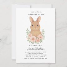 Kanin och rosa blommor Födelsedagsfest Inbjudan