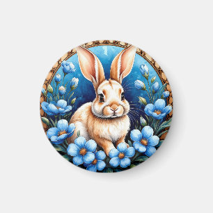 Kanin omgiven av blå blommor magnet