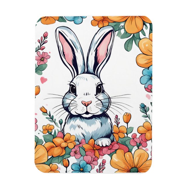 Kanin omgiven av blommor magnet (Vertikal)