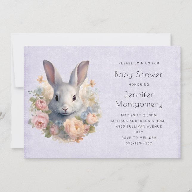 Kanin omgiven av blommor Söt Baby Shower Inbjudningar (Framsida)