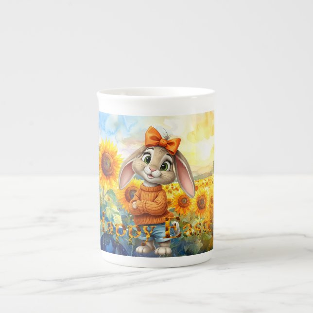Kanin orange tröja solrosor Glad påsk Benporslin Mugg (Framsidan)