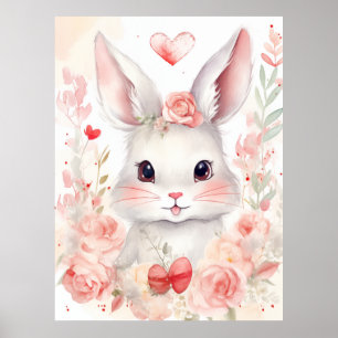 Kanin Pastell med hjärtan Bruna ögon rosa kinder Poster