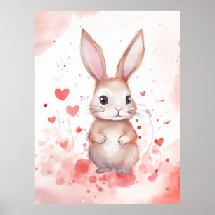 Kanin Pastell med hjärtan Bruna ögon rosa näsa Poster