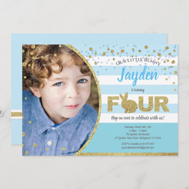 Kanin pojke 4-års födelsedagsfoto inbjudan i blått (Fram/baksida)