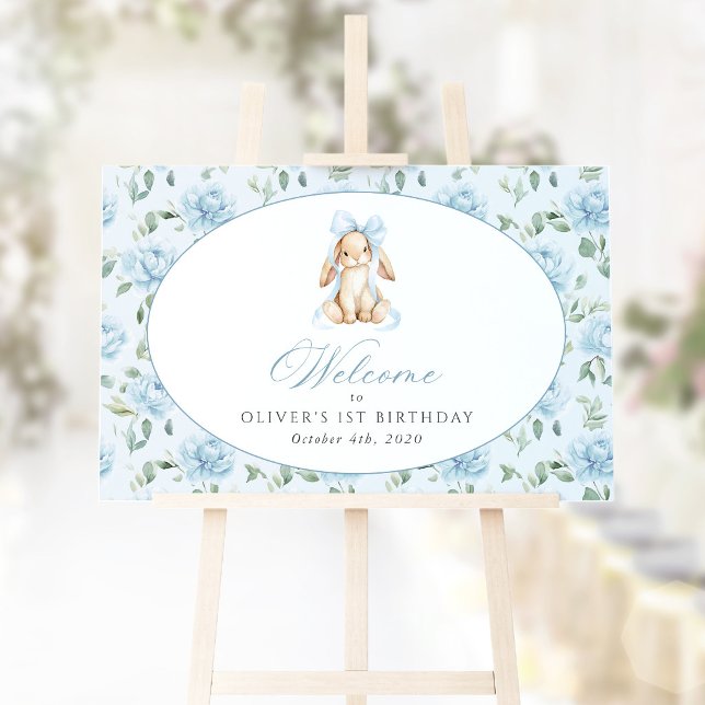 Kanin, Rosett, Blå Blommor, Första Födelsedags Väl Poster (Skapare uppladdad)